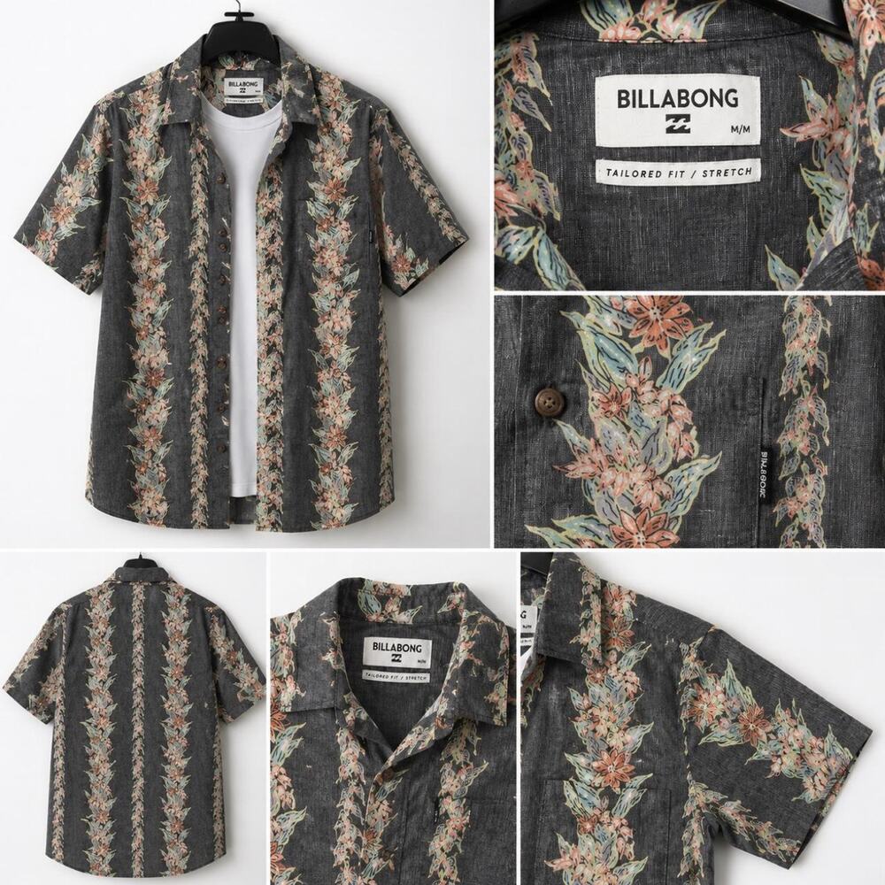 Mens billabong charcoal grey tropical button up shirt, size medium